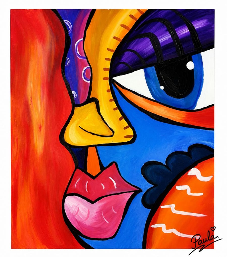 Bold pop-art face painting in red, blue, orange and purple, signed Paula