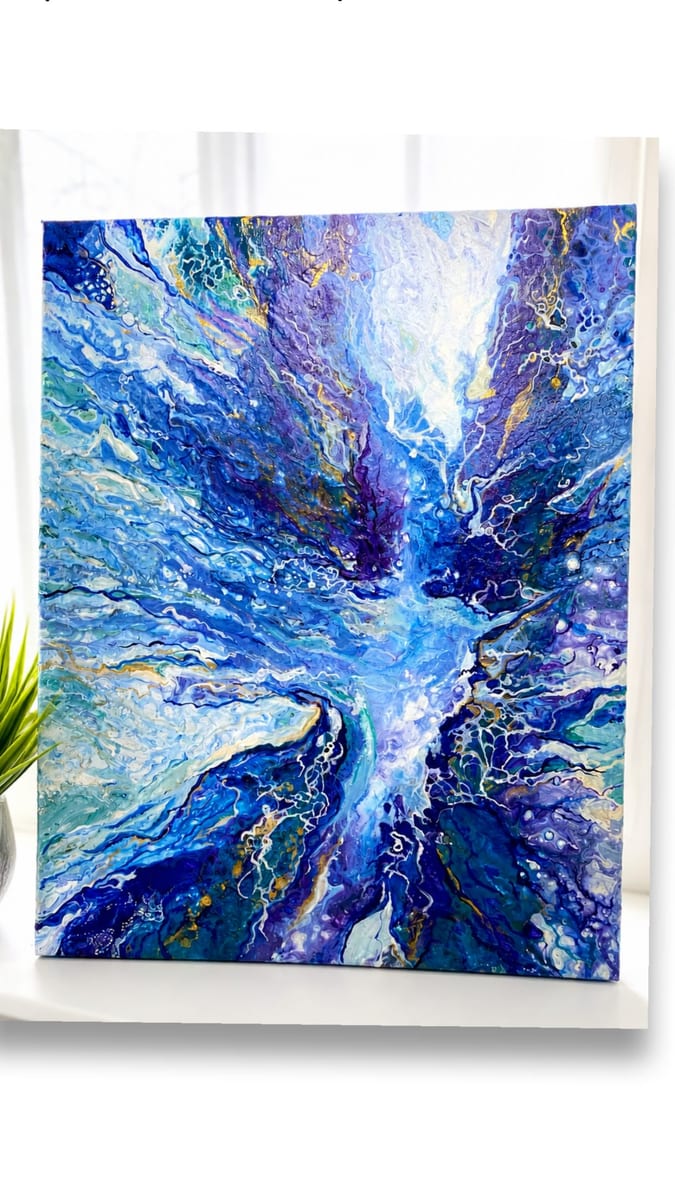 Deep blue and white acrylic pour painting