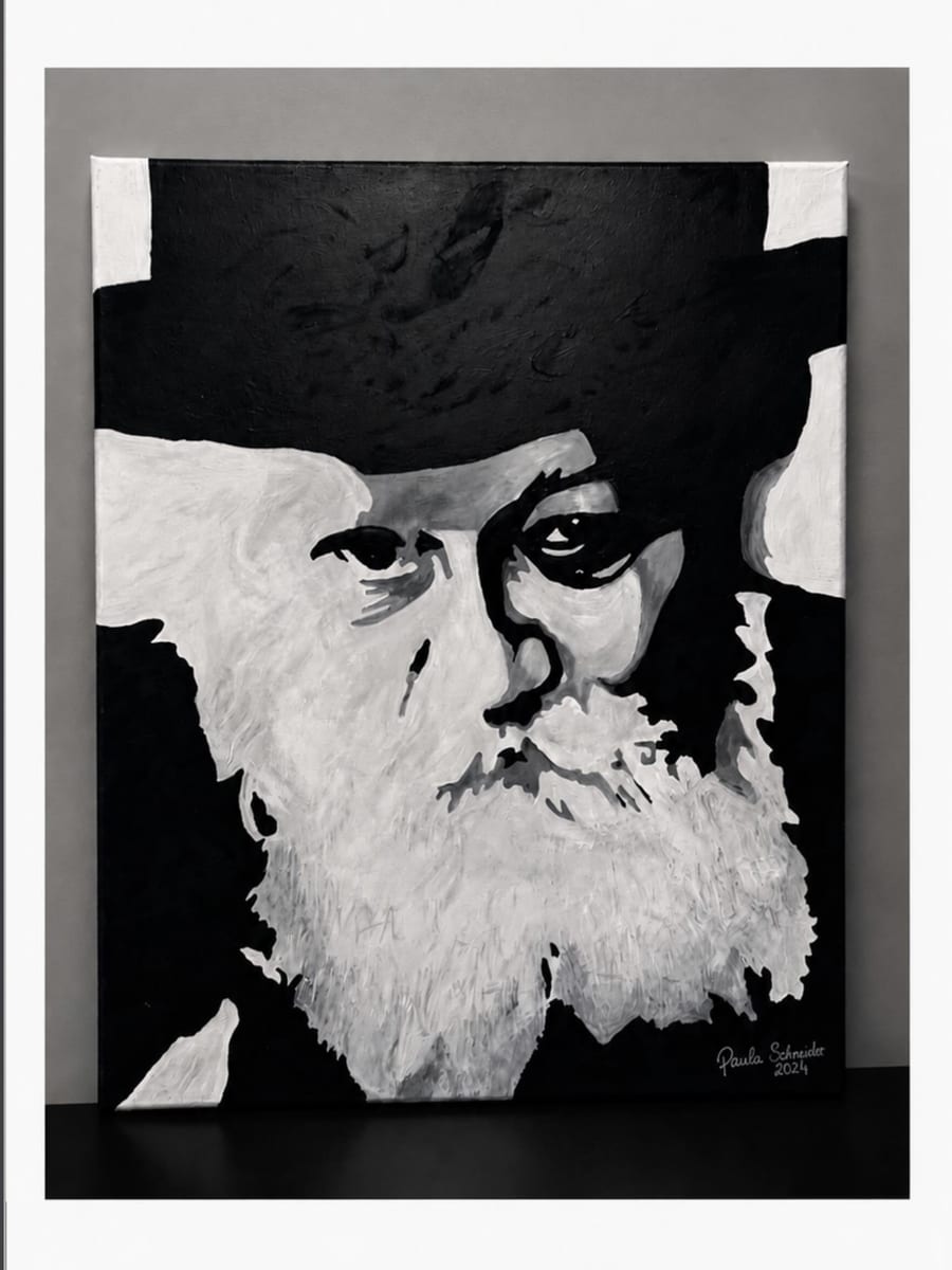 A black and white portrait painting