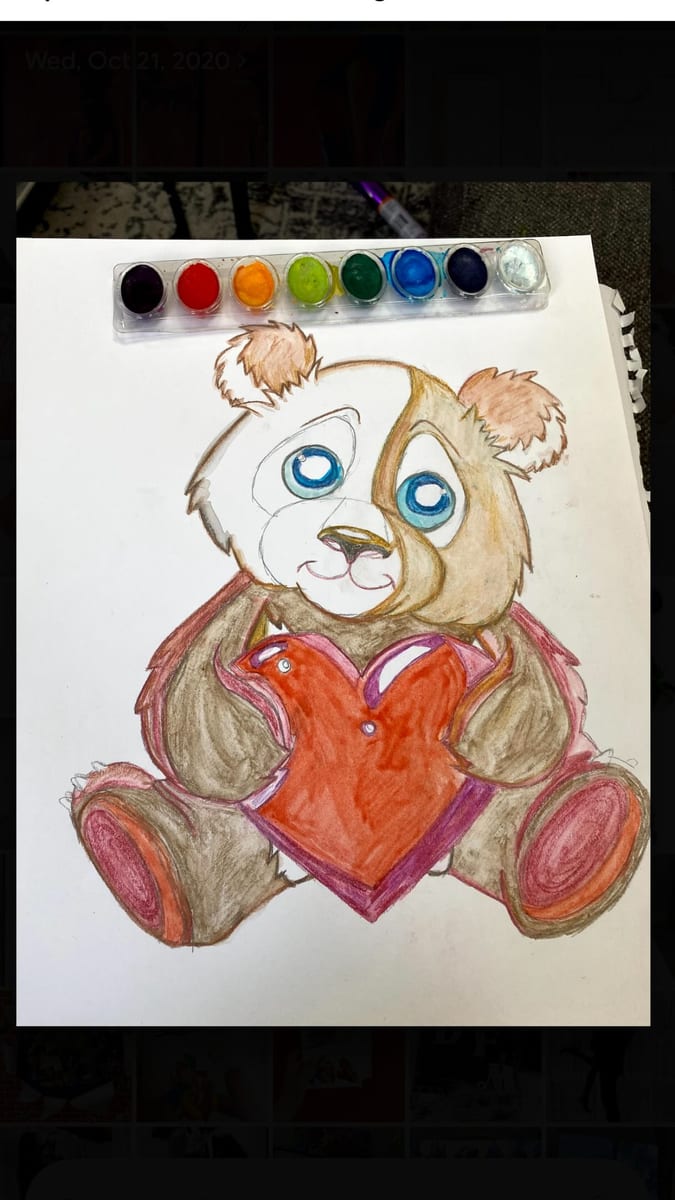 Watercolor painting of a teddy bear hugging a red heart, palette at the top