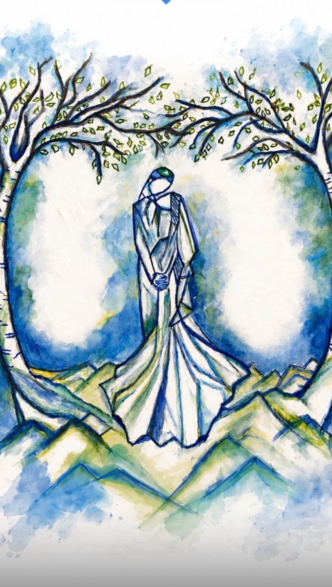 Watercolor of a couple embracing beneath a tree