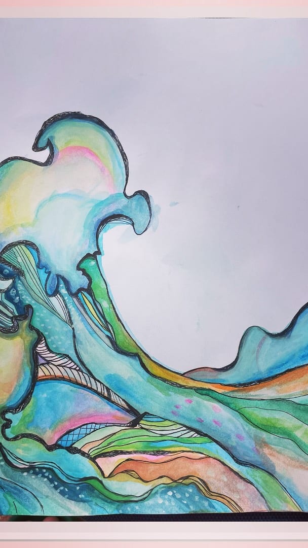 Curling wave painted in soft watercolor and ink